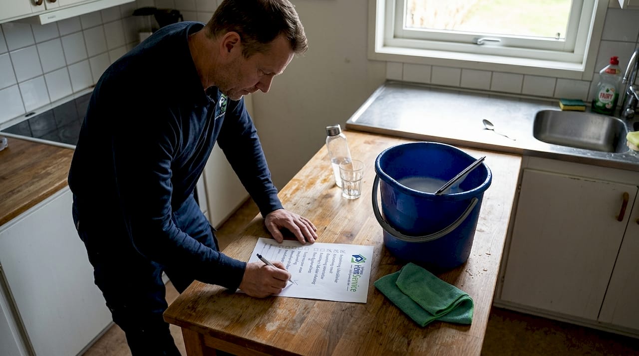 Städpersonal som går igenom en checklista i ett typiskt svenskt kök