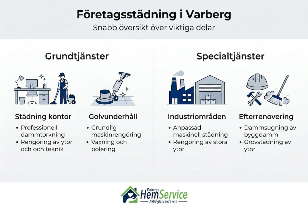 Översikt över våra företagsstädningstjänster i Varberg – se allt i vår tydliga infografik