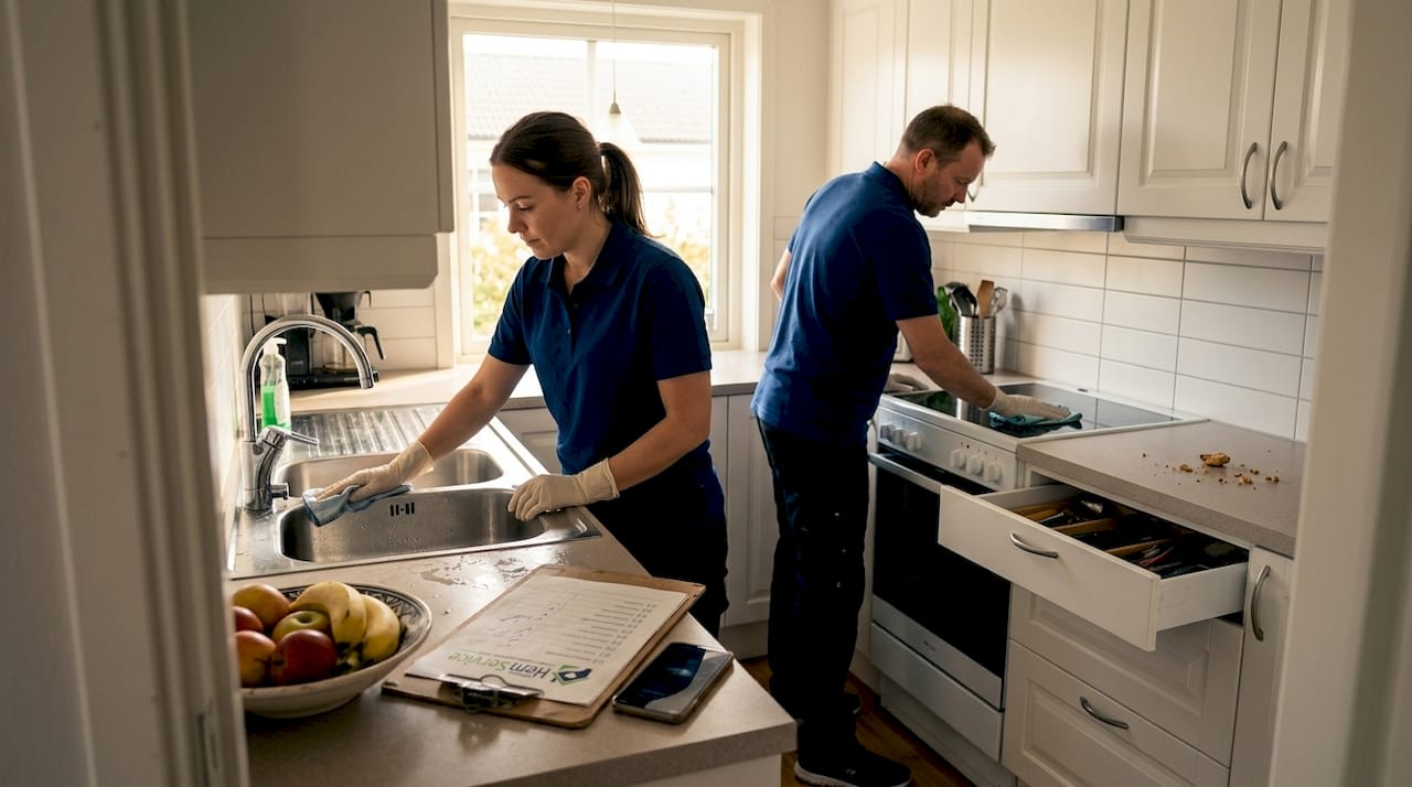 Städaren går igenom checklistan medan köket städas hemma