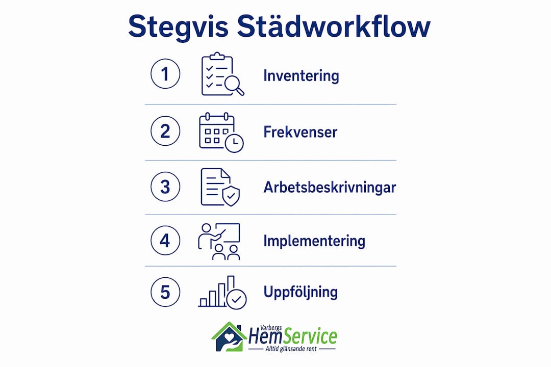 Illustration som tydligt visar arbetsflödet för företagsstädning, steg för steg.