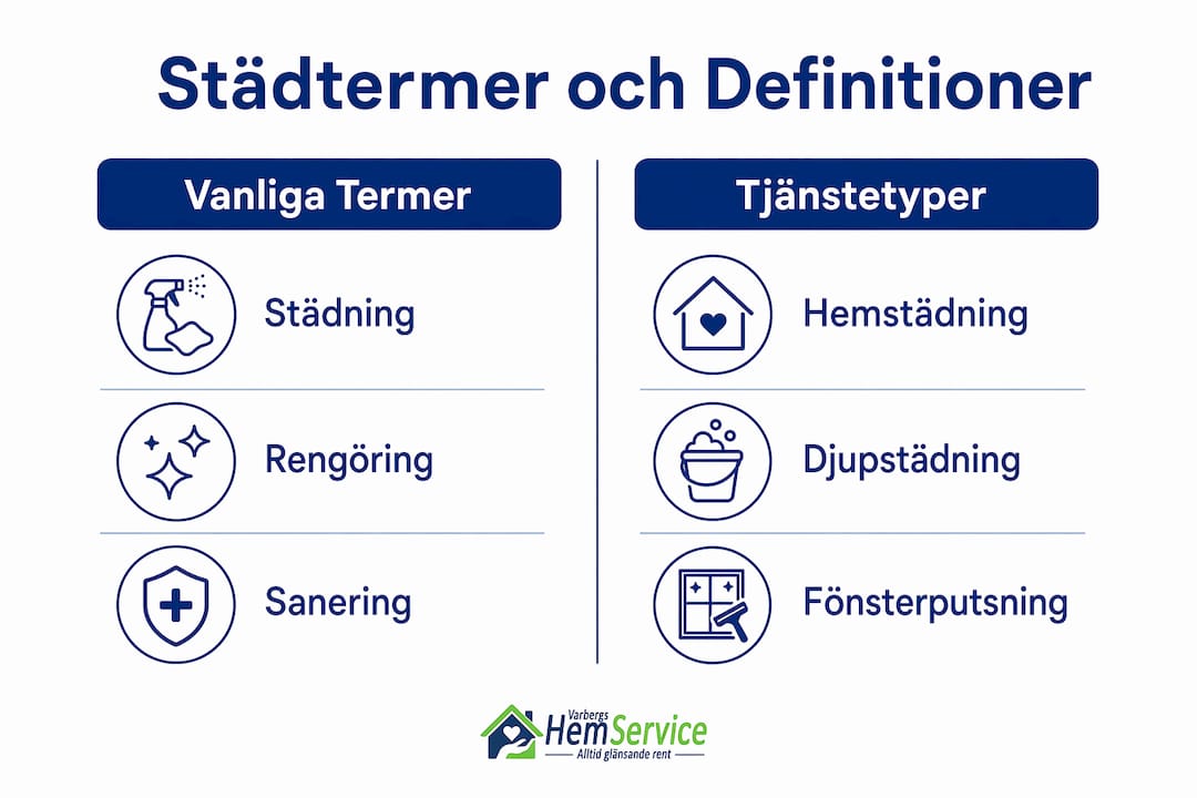 Tvåspaltig infografik som visar vanliga städbegrepp och olika typer av städtjänster