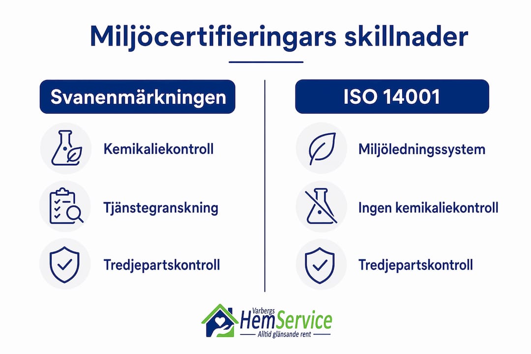 Infografik som visar skillnader och likheter mellan Svanenmärkningen och miljöcertifieringen ISO 14001