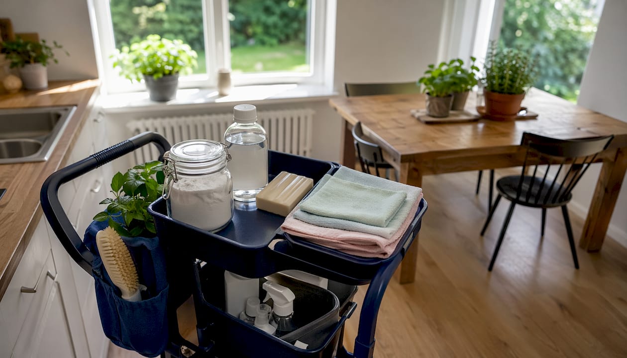 Ekologiska städprodukter samlade i en praktisk korg