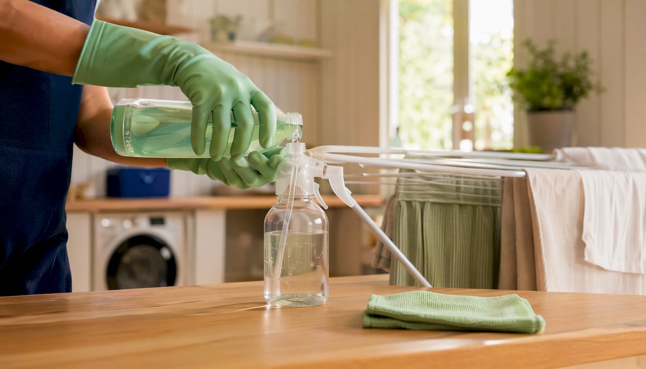 Någon fyller på sprayflaskan med rengöringsmedel i köket.