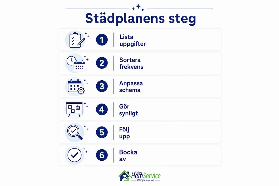 Illustration som visar en tydlig och enkel steg-för-steg-guide för hur du går tillväga när du städar.