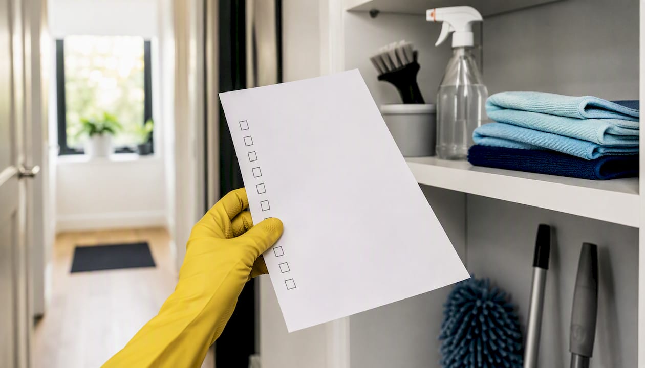 En hand med städhandske håller i både checklista och rengöringsmedel.