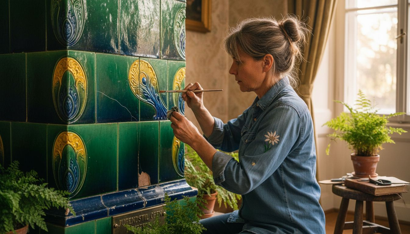 Ein Restaurator bringt die bunten Jugendstil-Kacheln eines alten Ofens wieder zum Strahlen.