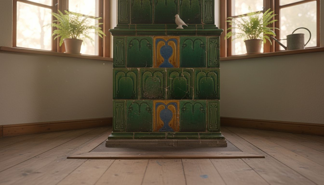 Ein Jugendstil-Ofen, verziert mit farbenfrohen, floralen Mustern, die sich harmonisch in den Raum einfügen.