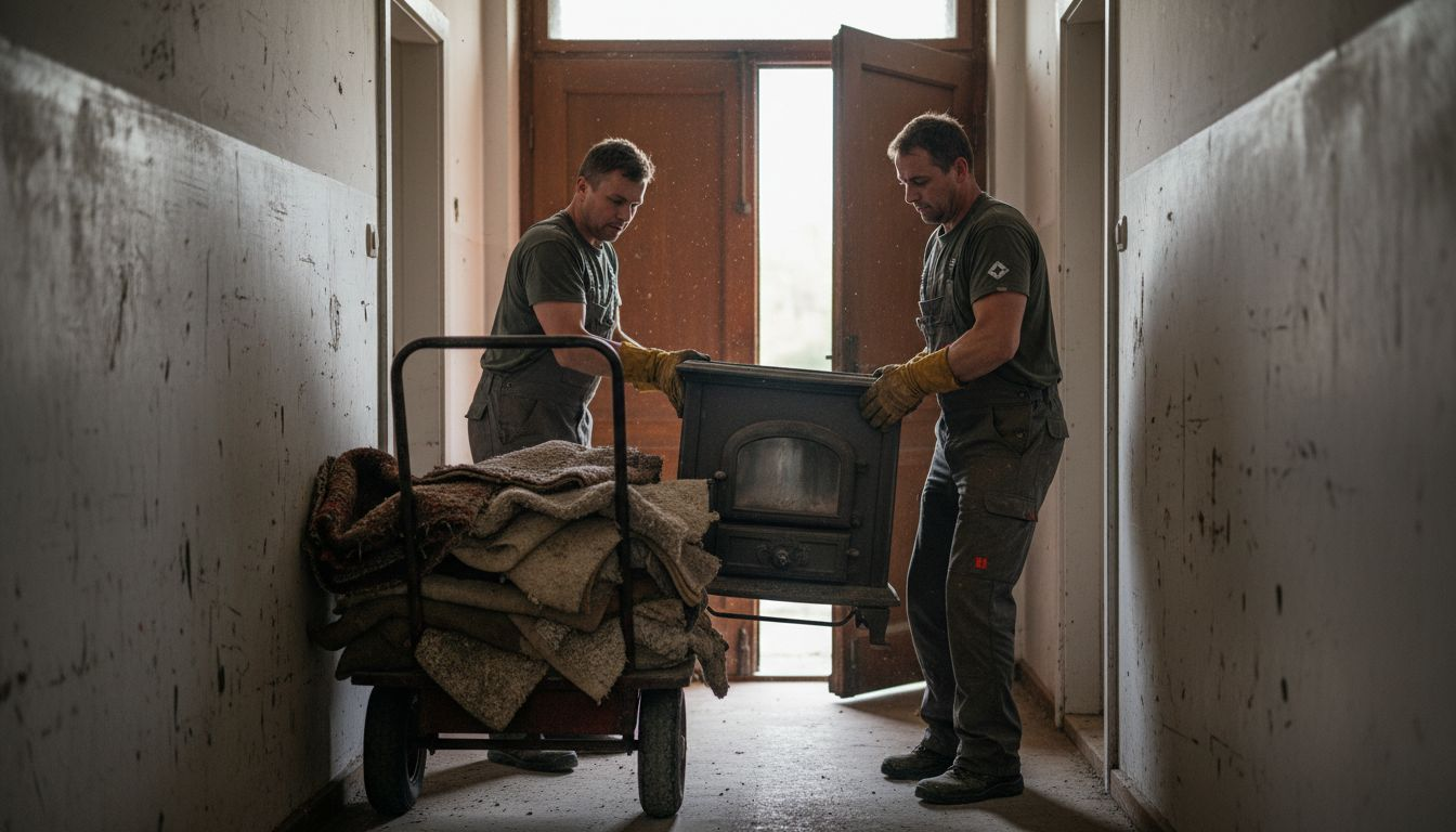 Ein Team stemmt gemeinsam ein schweres, antikes Ofenbauteil und bringt es in Bewegung.