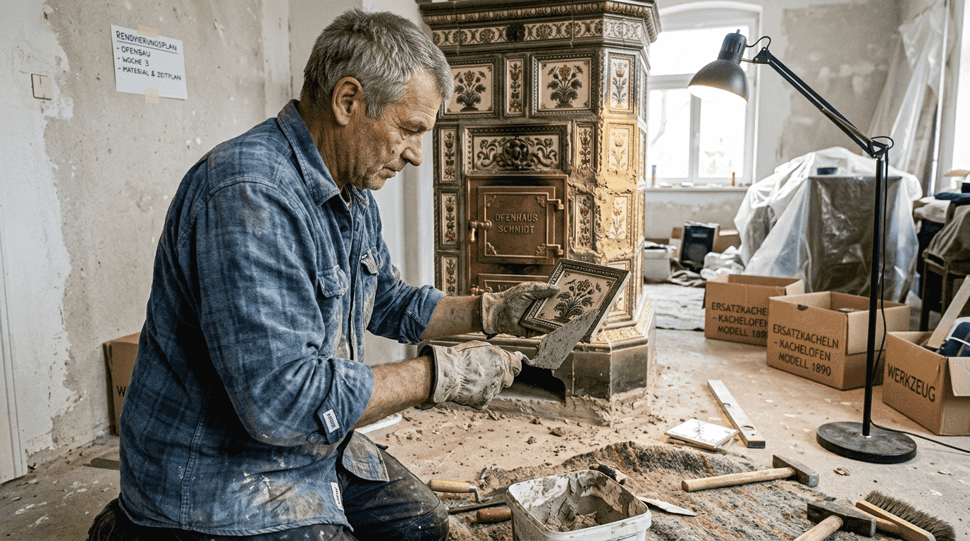 Ein erfahrener Ofenbauer integriert einen historischen Kachelofen gekonnt in ein modernes Wohnambiente.