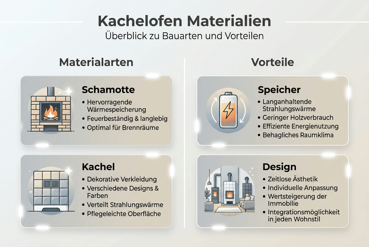 Infografik: Materialien und Vorteile von Kachelöfen im Überblick