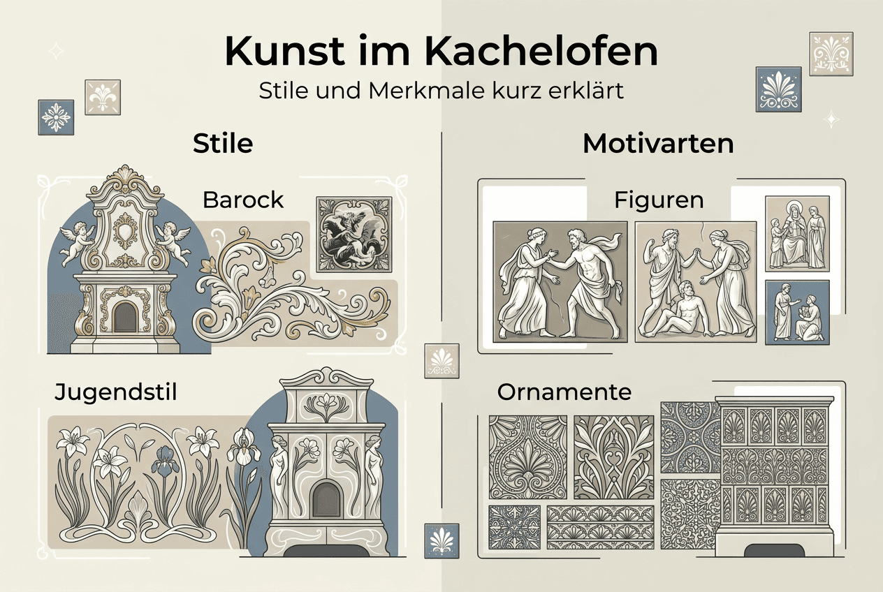 Übersicht: Stilrichtungen und typische Motive historischer Kachelöfen – anschaulich dargestellt in einer Infografik.