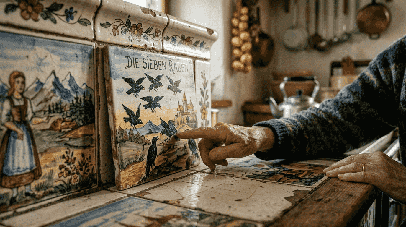 Eine Hand deutet auf die märchenhaften Fliesen des alten Kachelofens.