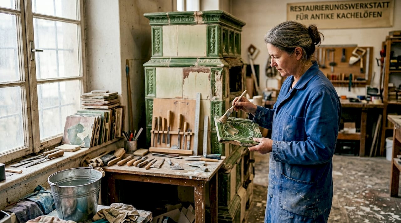 In ihrer Werkstatt haucht eine Handwerkerin einem alten Kachelofen neues Leben ein.