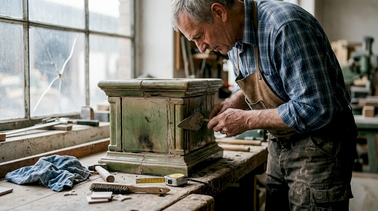 Ein Handwerker führt präzise Arbeiten am Detailbereich eines Kachelofens aus.