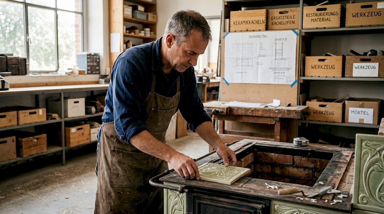 Ein Handwerker setzt einen Jugendstil-Kachelofen fachgerecht instand.