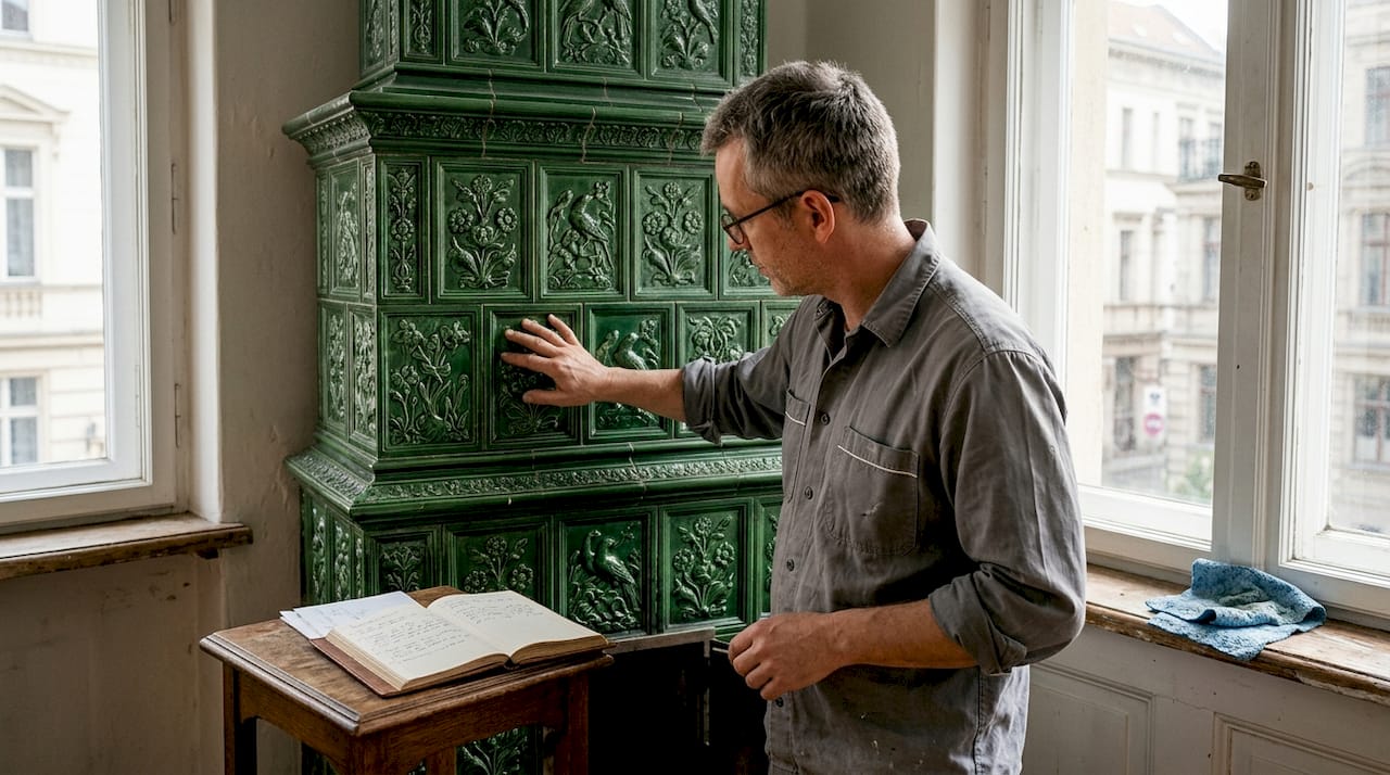 Ein Restaurator begutachtet die filigranen Verzierungen eines historischen Kachelofens.