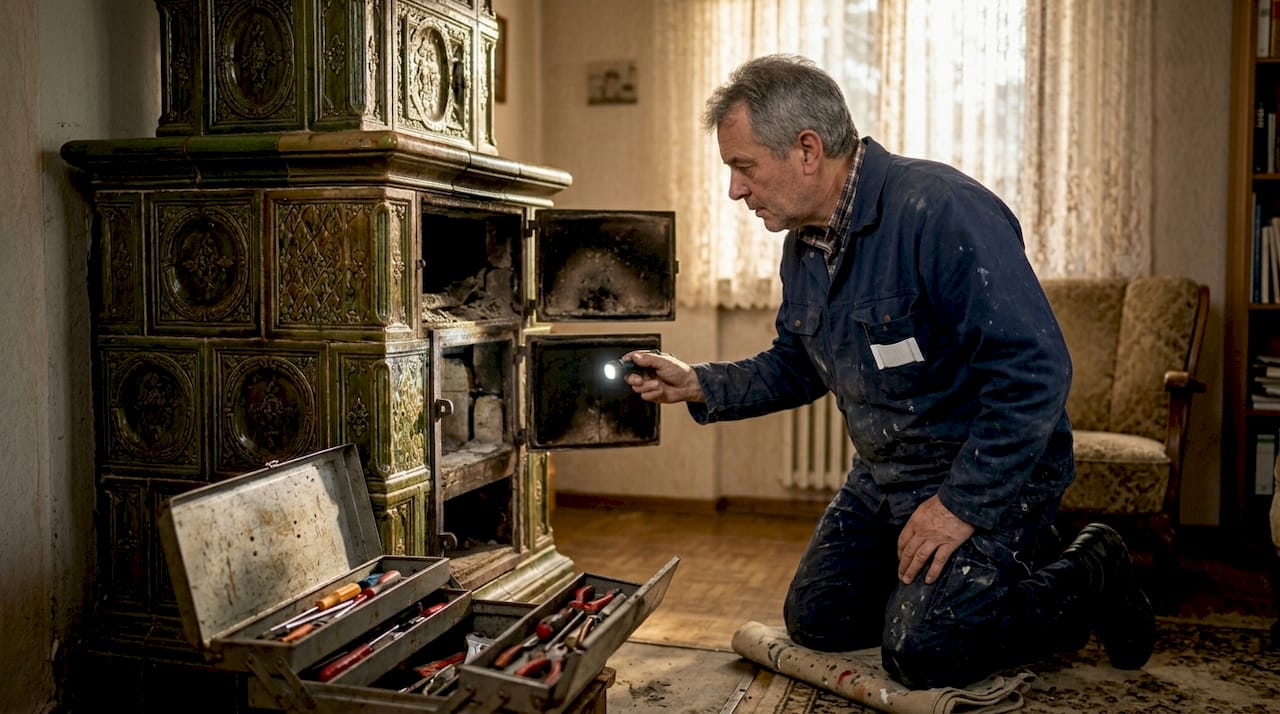 Ein Ofensetzer begutachtet einen historischen Kachelofen auf seinen Zustand.