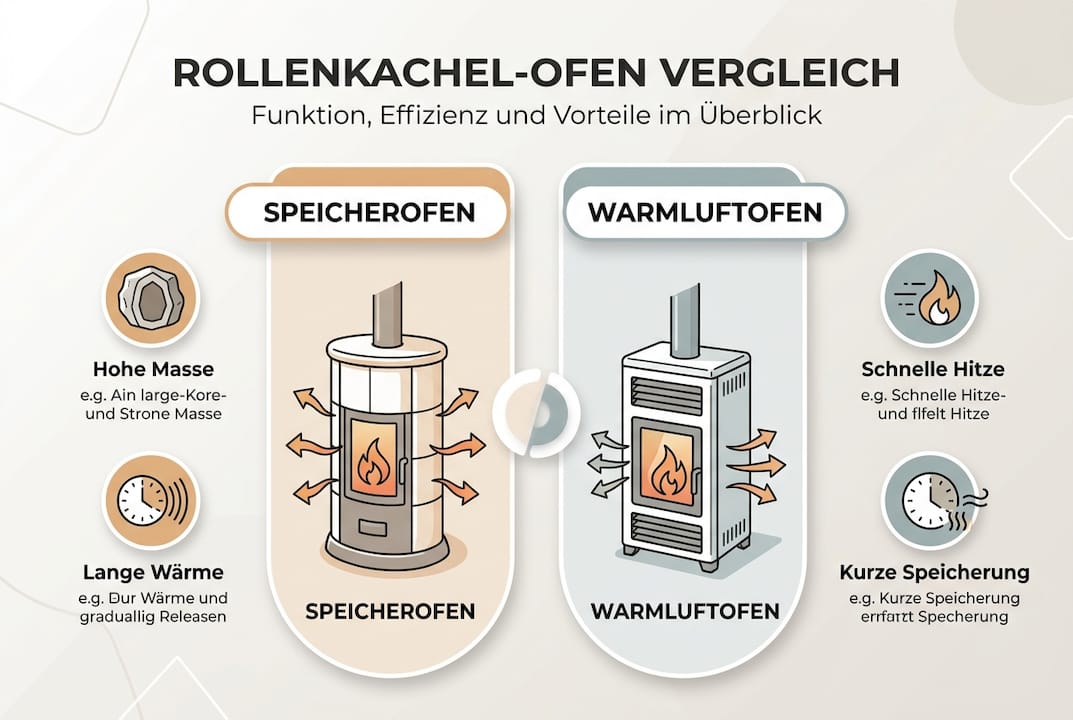 Die Infografik zeigt einen übersichtlichen Vergleich verschiedener Ofenarten und hebt die Vorteile von Rollenkachelöfen besonders hervor.