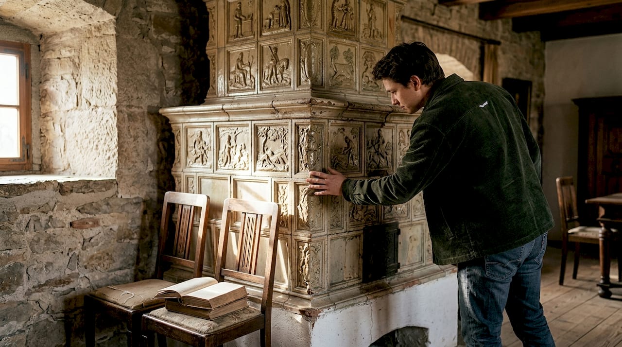 Ein Besucher begutachtet einen historischen Kachelofen.