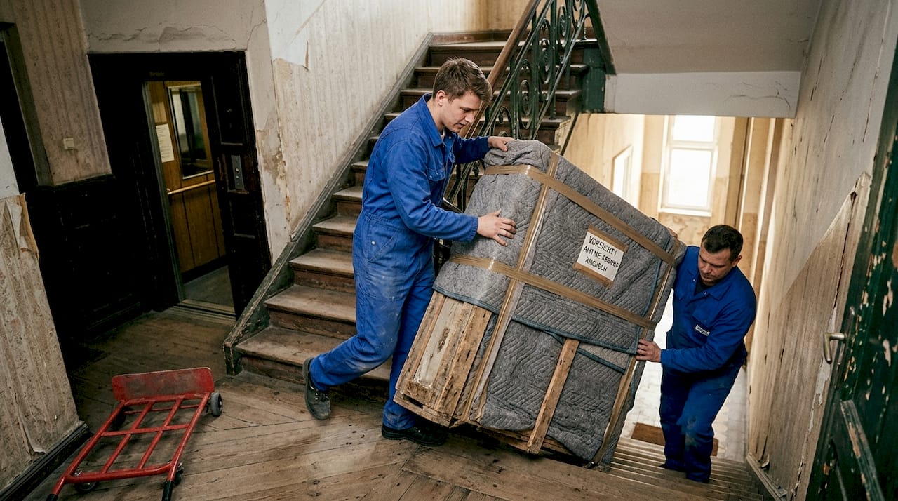 Wie ein antiker Kachelofen sicher durch ein enges Treppenhaus transportiert wird
