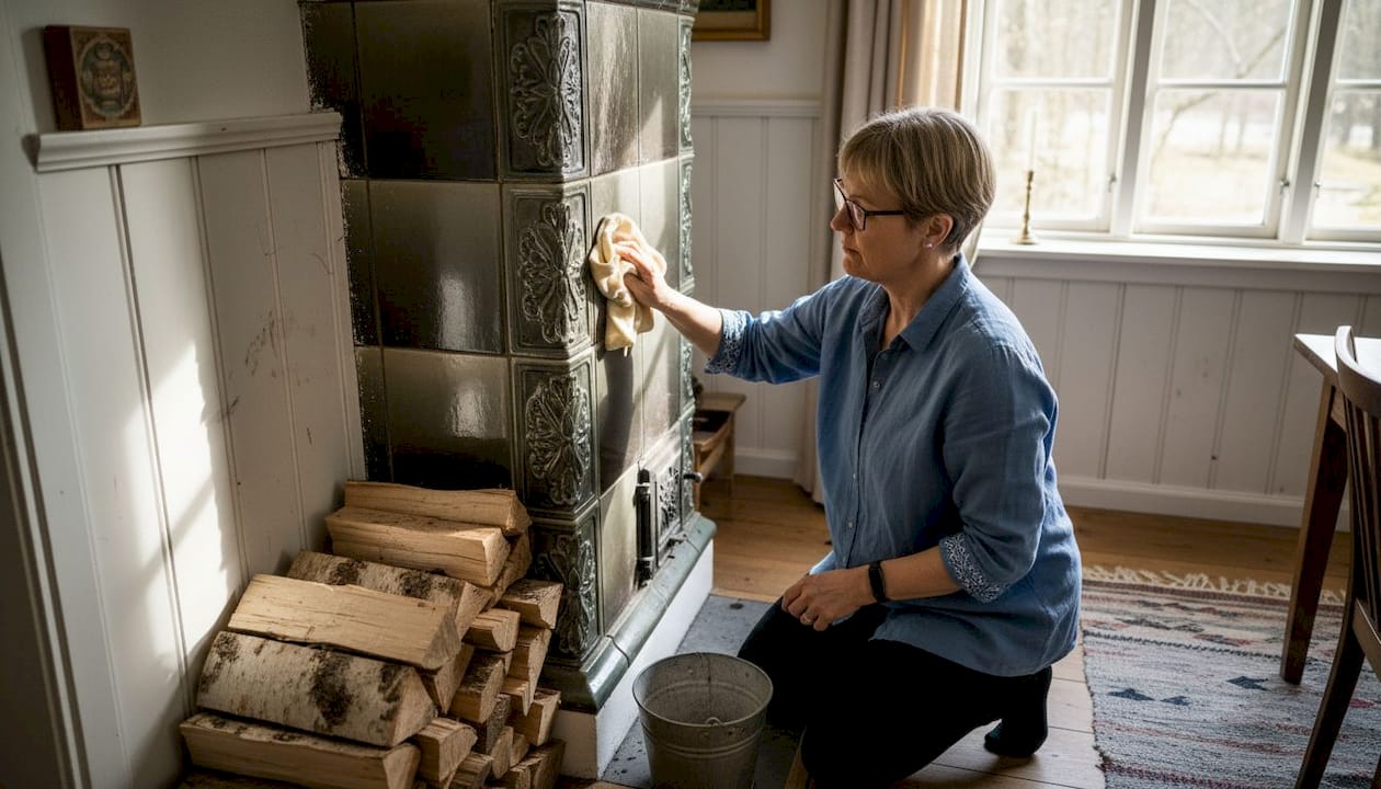 Eine Frau putzt zu Hause die Kacheln ihres Kachelofens.