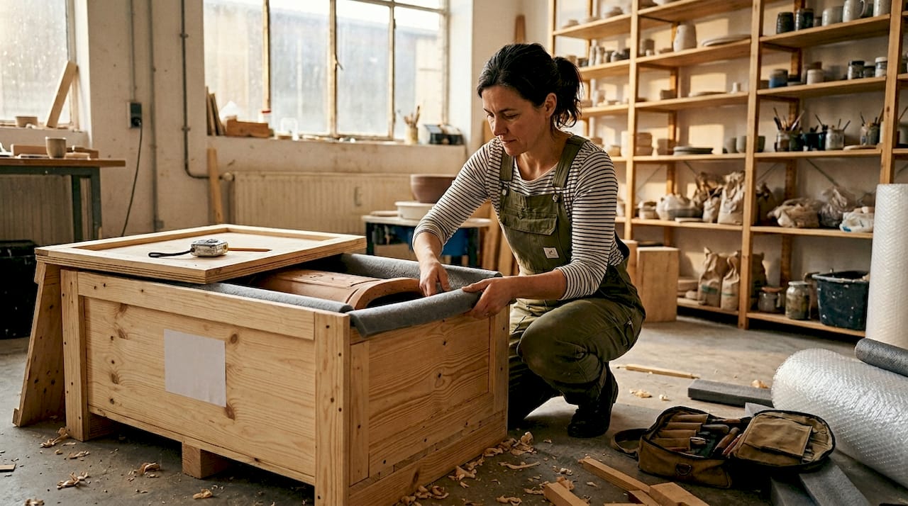 Ein Handwerker polstert eine Kiste aus, um einen antiken Ofen sicher für den Transport zu verpacken.