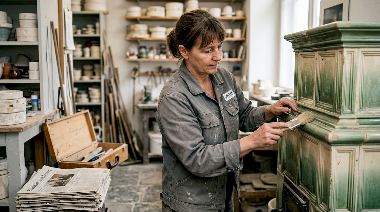 Eine Handwerkerin säubert sorgfältig filigrane Verzierungen eines Jugendstil-Kachelofens.