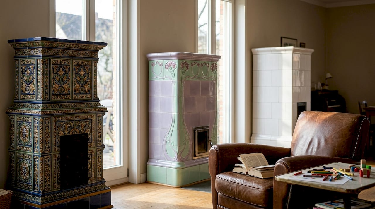 Wohnzimmer mit drei verschiedenen Kachelofen-Varianten