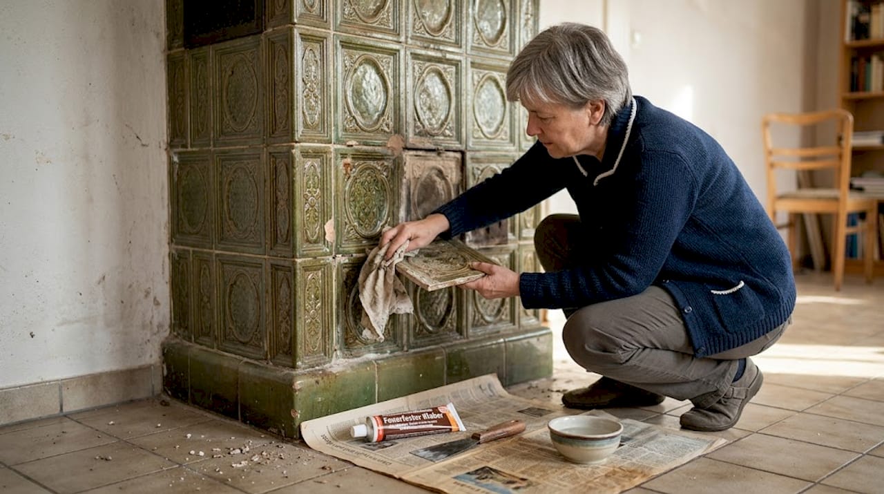 Eine Frau säubert eine Ofenkachel, bevor sie mit der Restaurierung beginnt.