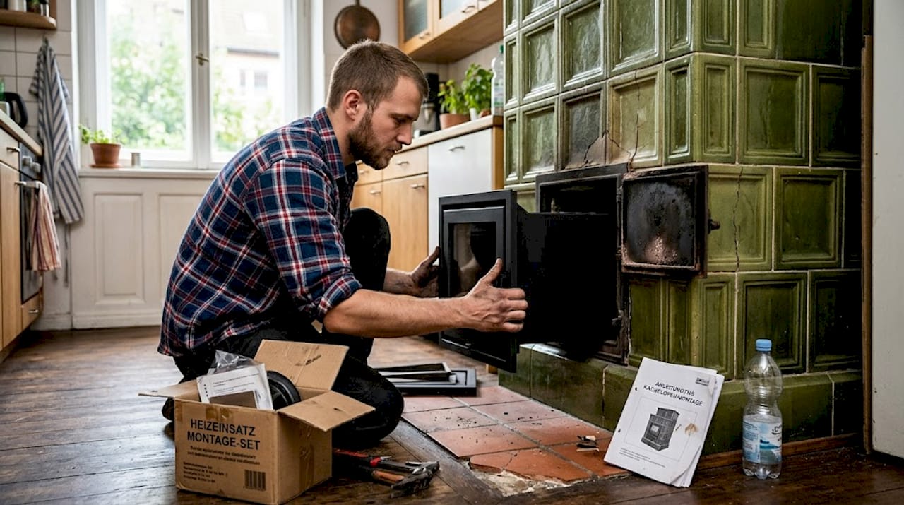 Ein erfahrener Ofenbauer baut einen modernen Heizeinsatz fachgerecht ein.