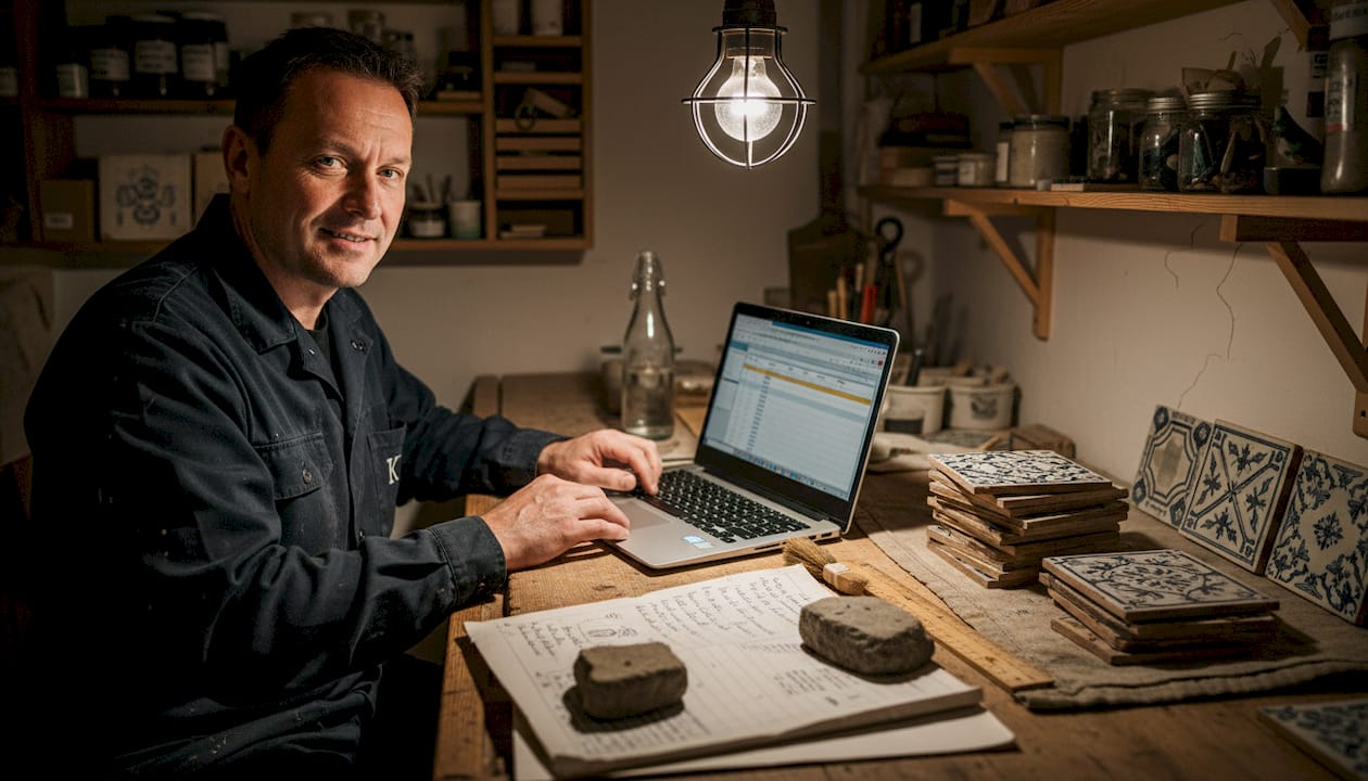 Ein Mitarbeiter erfasst am Schreibtisch in der Werkstatt die Daten der Fliesen.