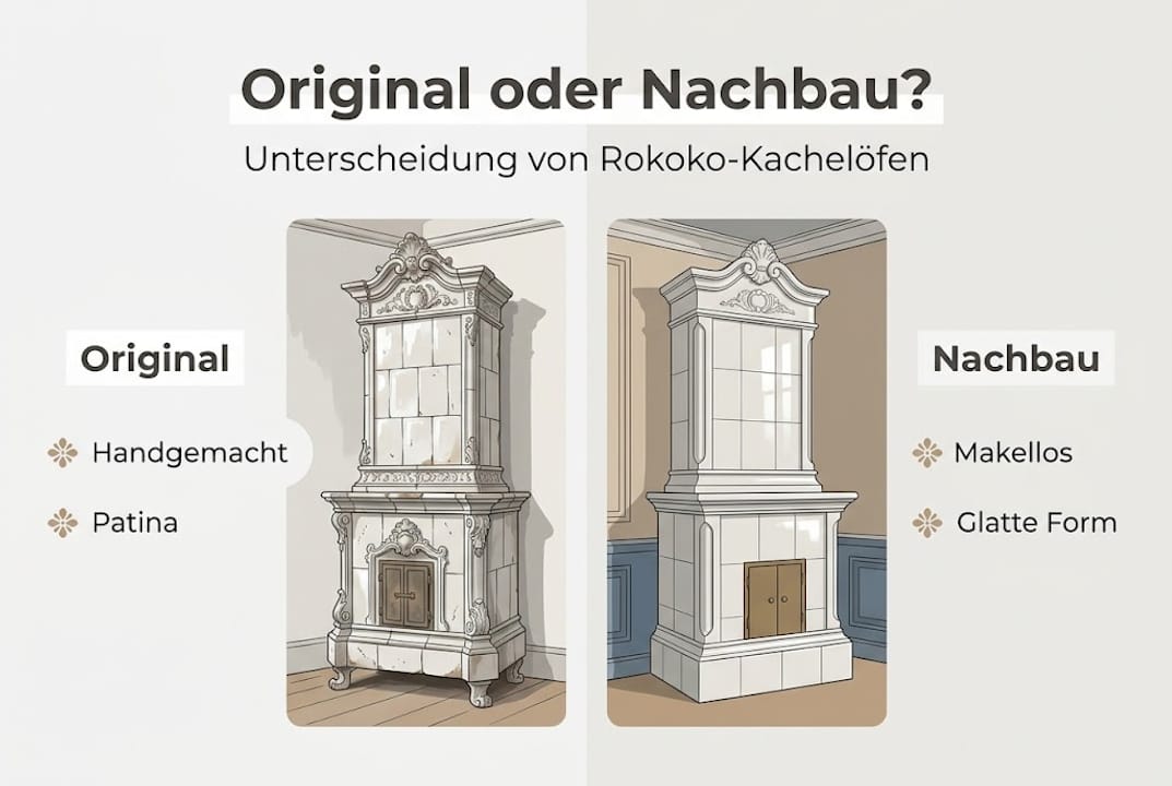 Infografik: Unterschiede zwischen originalem und nachgebautem Kachelofen – typische Merkmale im Vergleich