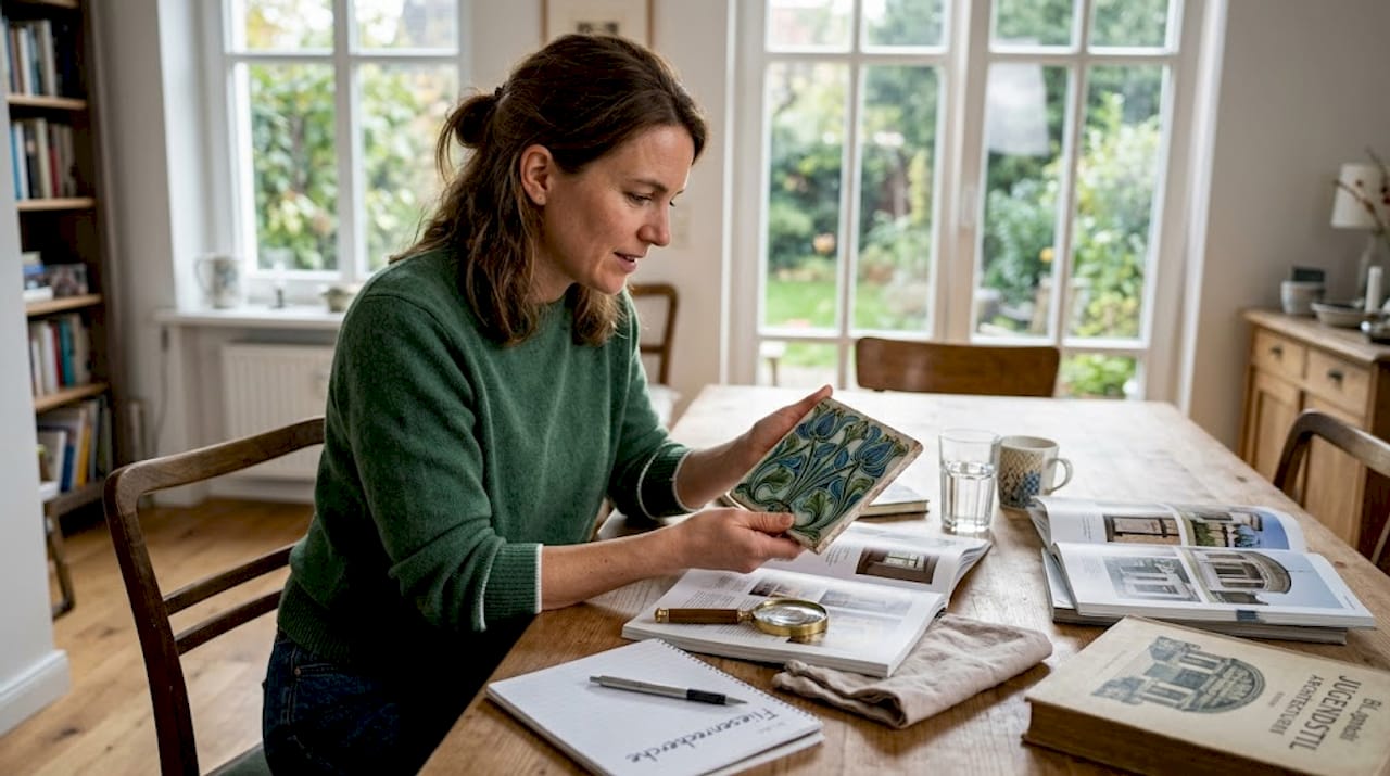 Eine Frau begutachtet eine alte Kachel eines historischen Kachelofens, die auf dem Boden liegt.