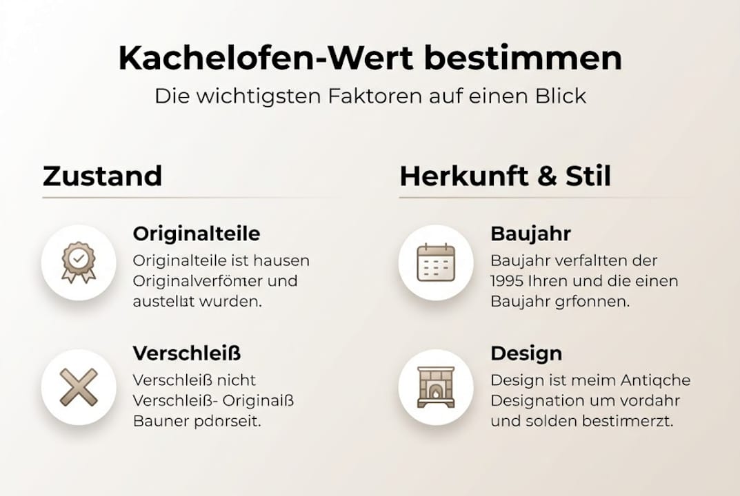 Grafik veranschaulicht, welche Faktoren den Wert eines Kachelofens maßgeblich beeinflussen.