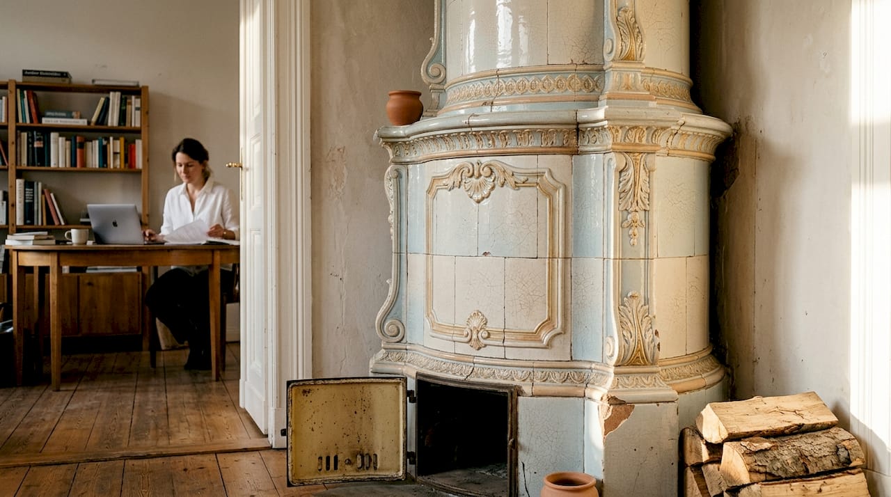 Prächtig verzierter Kachelofen im barocken Stil