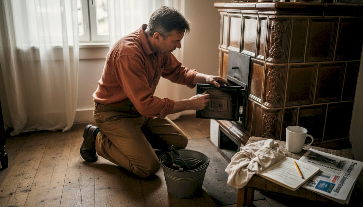 Im Alltag kümmert sich der Handwerker um die Wartung eines historischen Kachelofens.