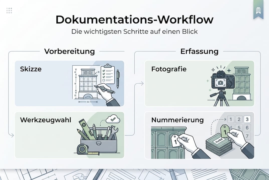 Übersichtliche Infografik: So läuft die Dokumentation eines Kachelofens Schritt für Schritt ab