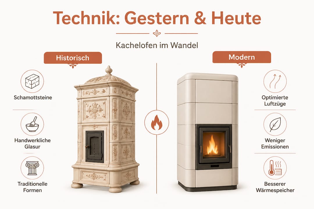 Eine anschauliche Infografik zeigt die Unterschiede zwischen traditionellen Kachelöfen und modernen Heizsystemen.
