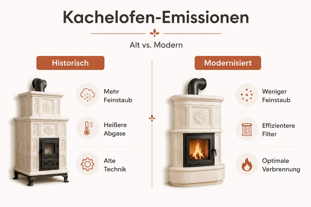 Eine anschauliche Infografik zeigt, wie sich die Emissionen alter und moderner Kachelöfen im Vergleich zueinander unterscheiden.