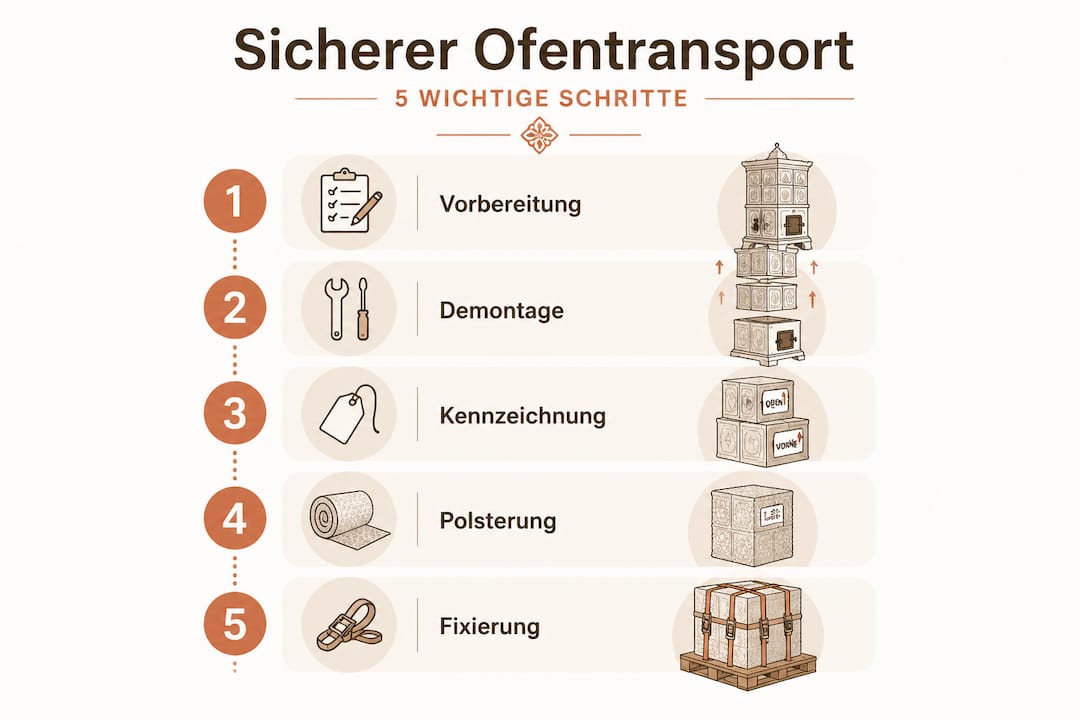 Schritt-für-Schritt-Anleitung: So transportieren Sie Ihren Kachelofen sicher – kompakt als Infografik
