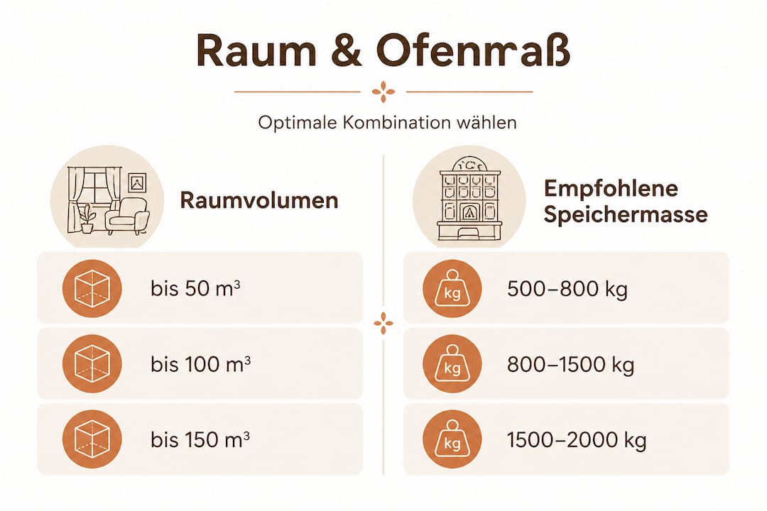 Übersichtsgrafik: Raumgröße und empfohlene Speichersteinmasse für Öfen auf einen Blick