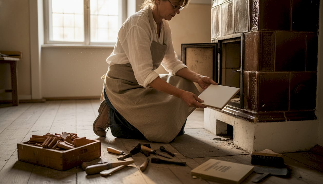 Eine Handwerkerin nimmt einen alten Kachelofen genau unter die Lupe.
