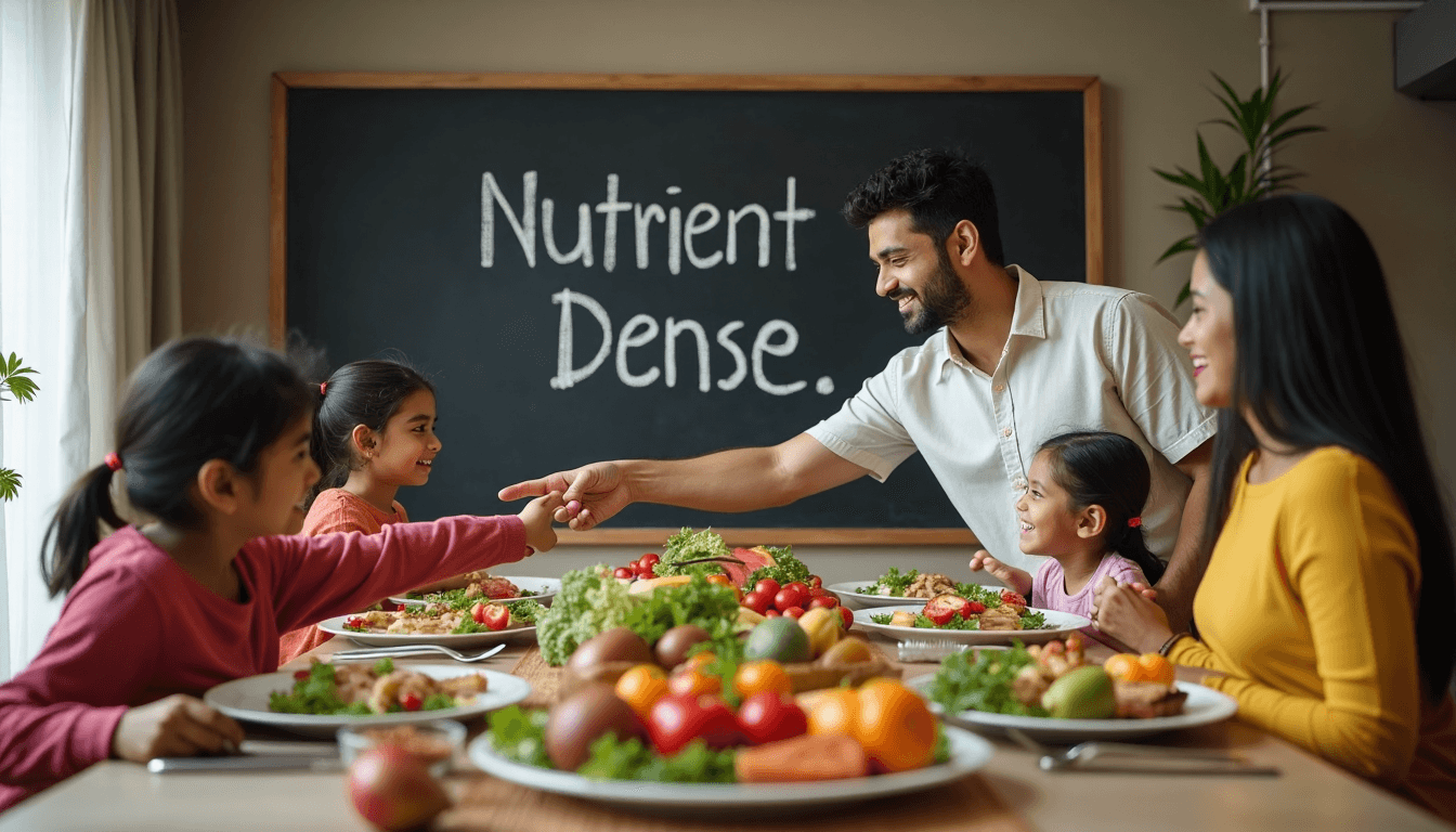 Delhi NCR family eating fresh, local farm-to-table meal with nutrient dense sign