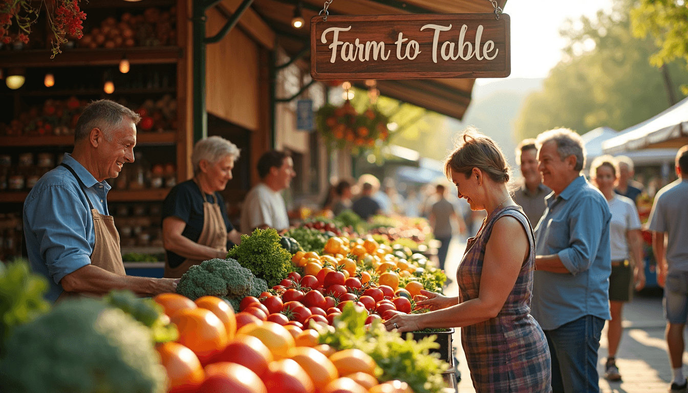People shopping at a local farmers market with a 'Farm to Table' sign