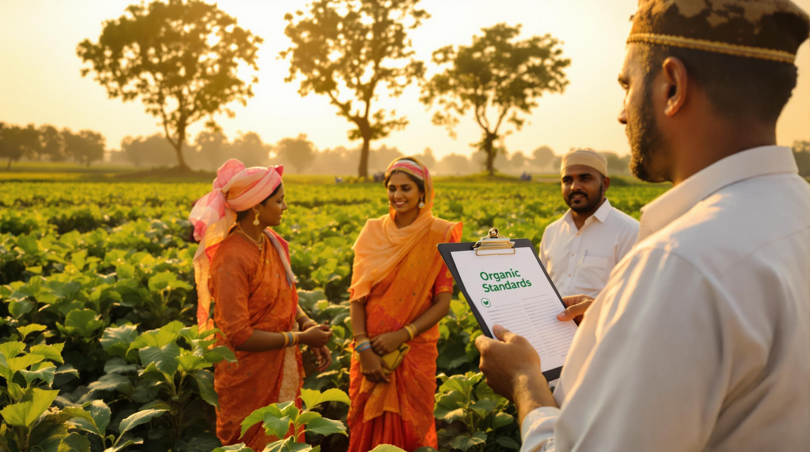 Indian farmers and official reviewing organic certification documents in field