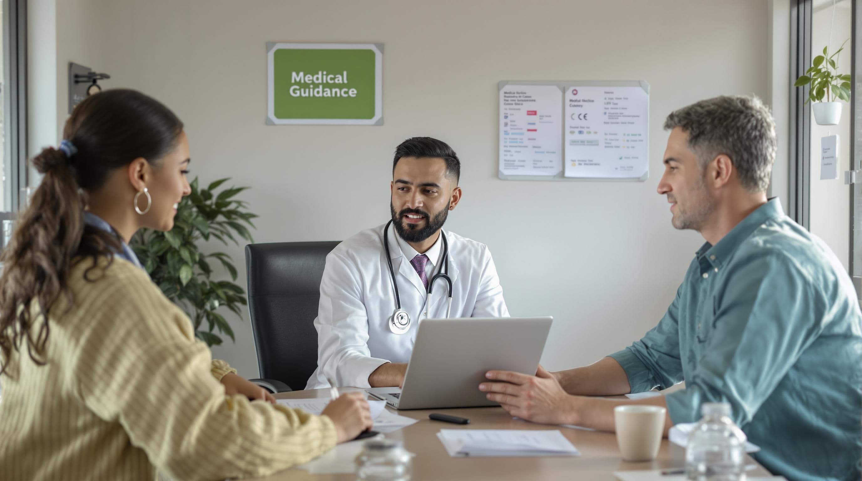 Doctor advising young adult and parent about gluten or wheat free diets