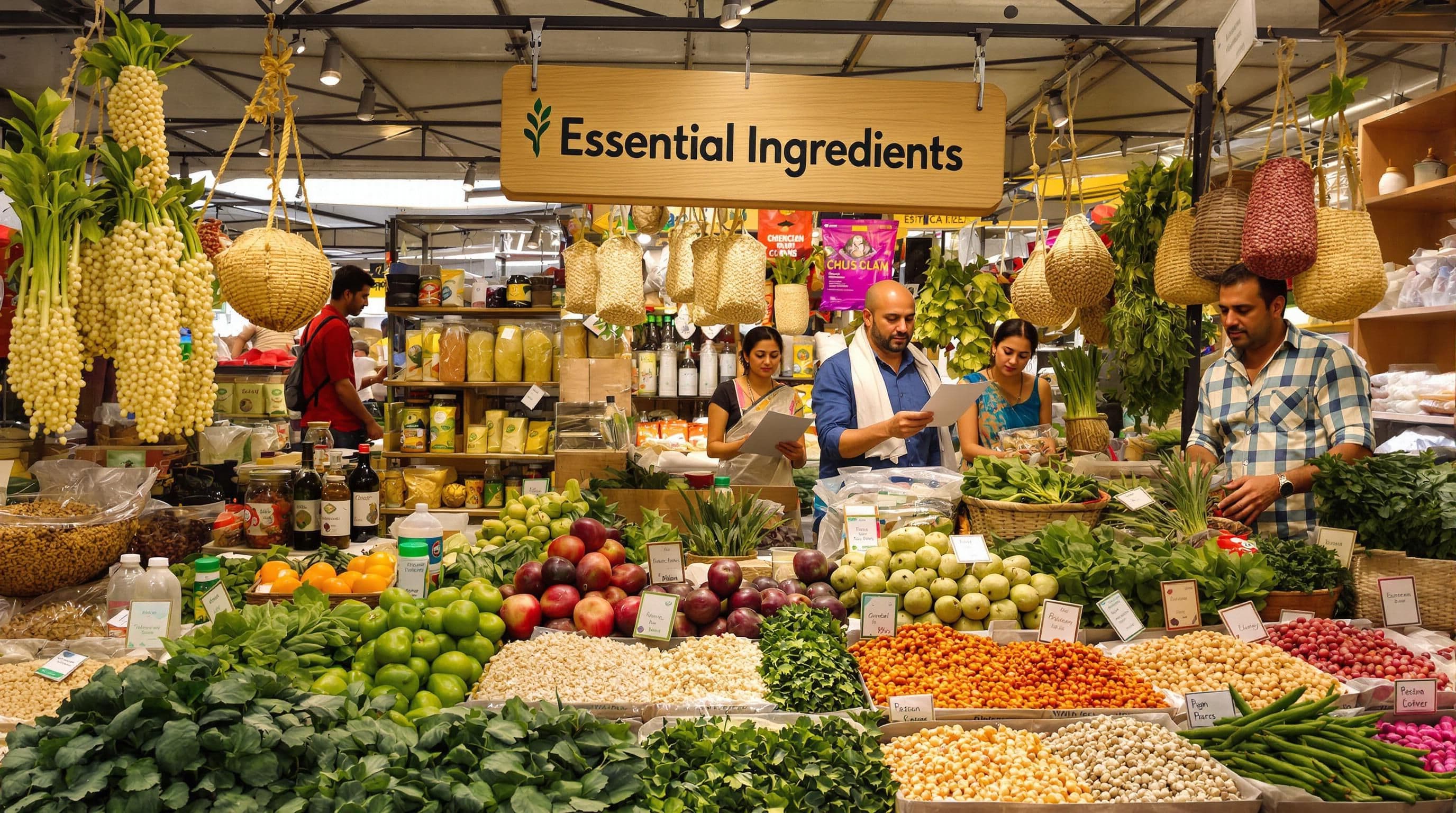 Delhi market scene with family choosing local gluten free ingredients