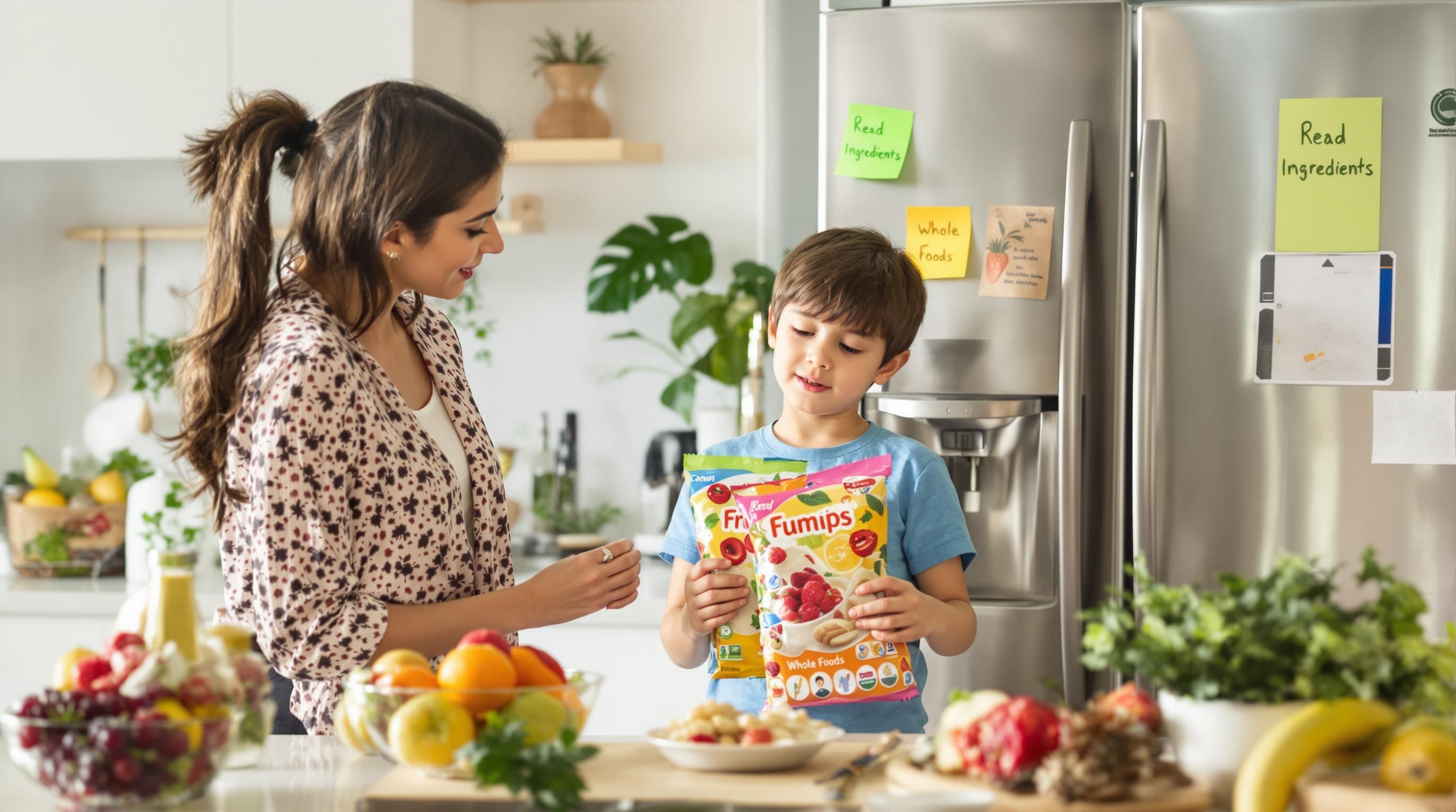 Mother and child reading ingredient labels in home kitchen