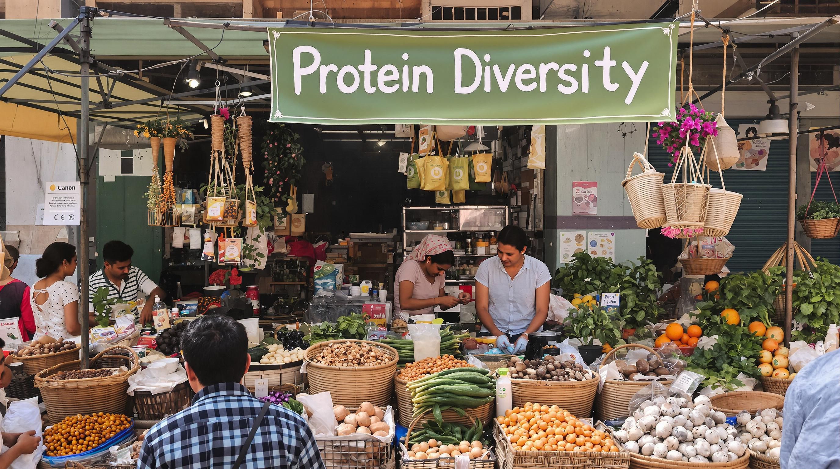 Indian market with diverse plant-based protein selection and Protein Diversity banner